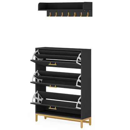 Tribesigns Modern Shoe Storage Cabinet with Wall Mount Coat Rack, Entryway Shoe Organizer Cabinet with 3 Flip Drawers, Narrow Shoe Cabinet for Hallway Living Room (Black/Gold) - WoodArtSupply