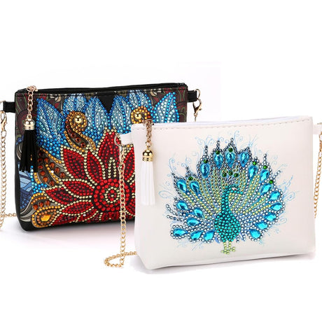 2 Pcs Diamond Painting Crossbody Bag, DIY 5D Diamond Painting Handbag Kit with Chain and Tassel, Bling Rhinestone Makeup Shoulder Bag for Woman, DIY Craft Gift, Peacock JBTM24