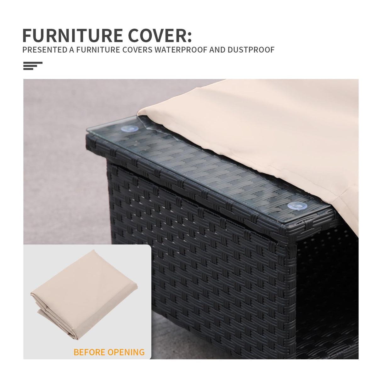 Outdoor Wicker Coffee Table Patio Furniture Garden Rattan 2-Layer Glass Table with Storage and Furniture Cover, Black Rattaner