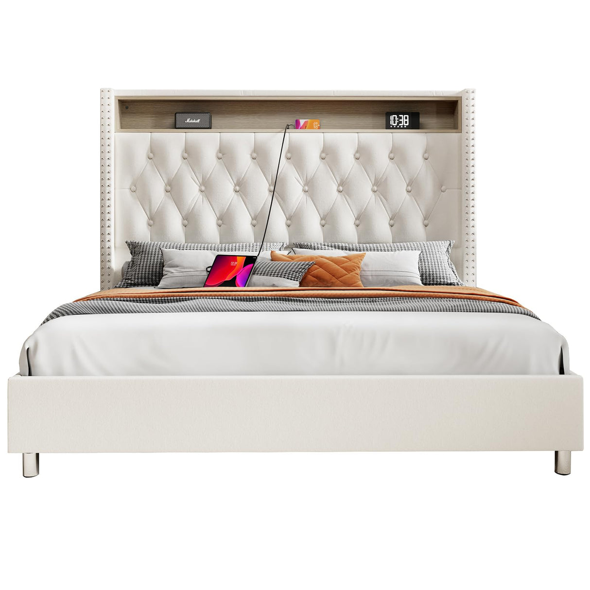Jocisland King Size Bed Frame 53.6'' Tall Headboard LED Lights and Charging Station, Velvet Hign Upholstered Platform Bed Wingback Storage, No Box Spring Needed, Motion Activated Light, Cream Jocisland