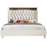 Jocisland King Size Bed Frame 53.6'' Tall Headboard LED Lights and Charging Station, Velvet Hign Upholstered Platform Bed Wingback Storage, No Box Spring Needed, Motion Activated Light, Cream Jocisland