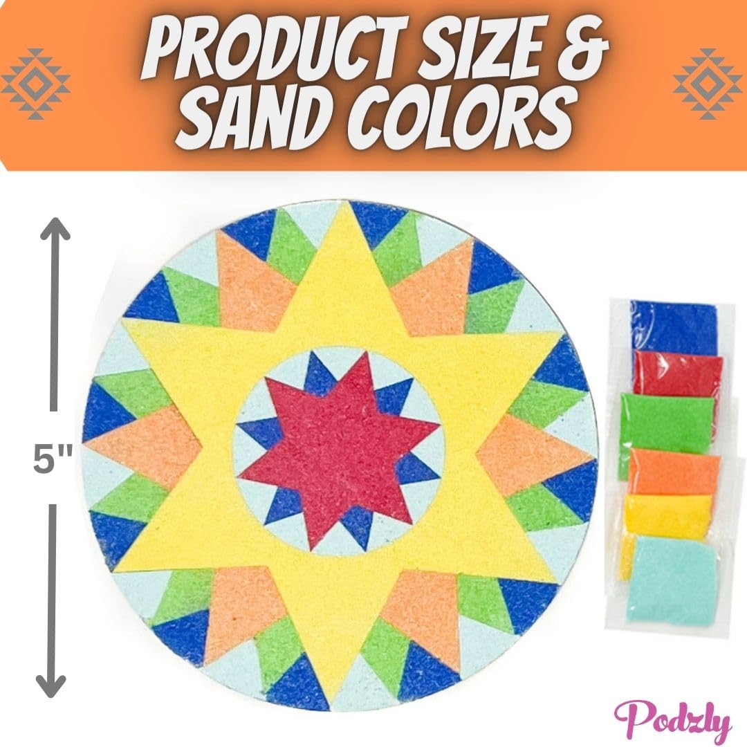 Podzly 24 Sand Painting Mandala Coloring Craft Kits - Mandala Design Pattern Art Made Easy - Create Sand Art Pictures with 6 Colorful Sand Options Podzly