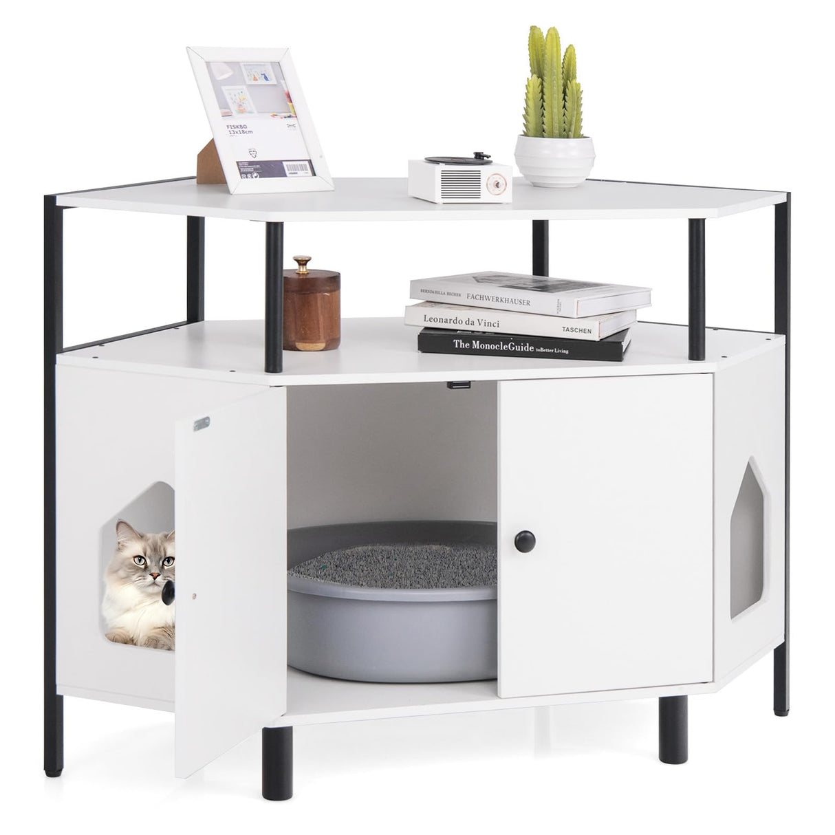 PETSITE Corner Cat Litter Box Enclosure, Litter Box Corner Cabinet with 2 Entrances, Open Shelf, and Double Doors, Industrial/Modern Style Hidden Litter Box Furniture for Cat Kitty (White) PETSITE