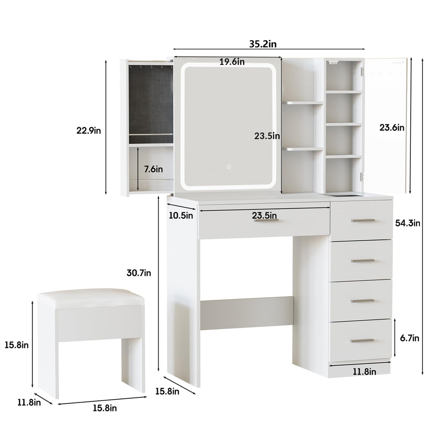 Fameill White Vanity Desk with Mirror and Lights,Makeup Vanity Table Set with Power Strip and Sliding Locker,Visual Drawer Makeup Desk with 5 Drawers&Shelves&Cabinet,3 Lighting Modes - WoodArtSupply