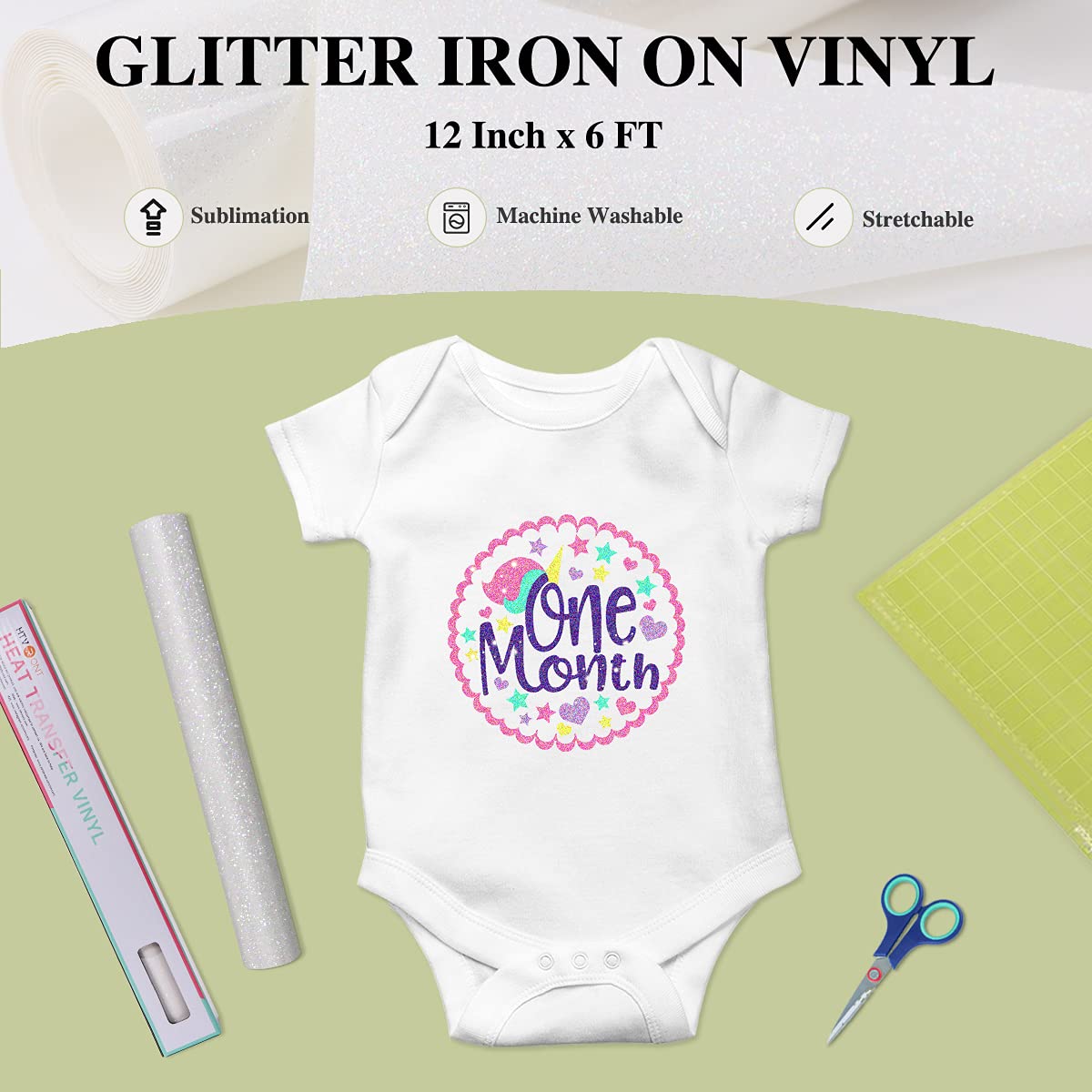 HTVRONT Rainbow White Glitter HTV Vinyl Roll-12 x 6 FT White Glitter Heat Transfer Vinyl, White Glitter Iron on Vinyl for Cricut & Silhouette Cameo HTVRONT