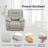 GEBADOL Power Recliner Sofa Set, Genuine Leather Reclining Couch Set, 3 Pieces Top Grain Leather Sofa with Built in Storage Console/USB Port/Cup Holders for Living Room (Light Grey) GEBADOL