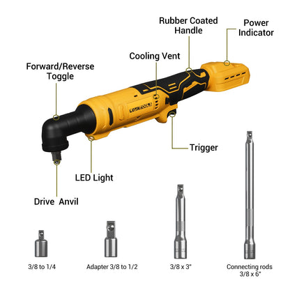 Electric Ratchet, Cordless Ratchet 3/8",93lb-ft Electric Ratchet Wrench, Square Drive Electric Wrench with Extension Bar, 1/4" Adapter & 3" Extension Bar Compatible with DEWALT Battery(Tool O - WoodArtSupply