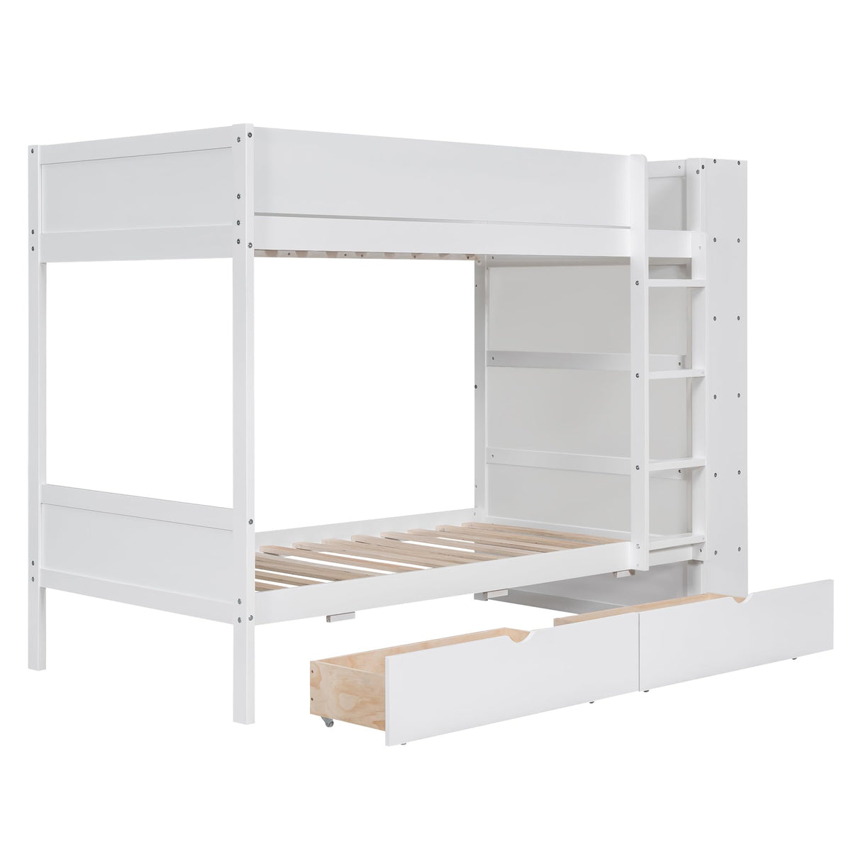 Twin Over Twin Bunk Bed with Bookcase, Wood Bunk Bed Frame with 2 Drawers and Multi-Layer Cabinet Storage Shelves, Bed with High Guardrails for Kids Teens(White, Twin) THINK 30