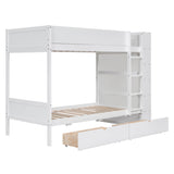 Twin Over Twin Bunk Bed with Bookcase, Wood Bunk Bed Frame with 2 Drawers and Multi-Layer Cabinet Storage Shelves, Bed with High Guardrails for Kids Teens(White, Twin) THINK 30
