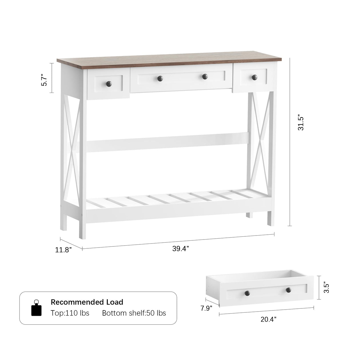 VEELOK 39.4" Farmhouse Console Table with 3 Drawers for Entryway, Rustic Entryway Table Entry Table, Sofa Table for Living Room, Hallway, Behind Couch, White and Brown VEELOK