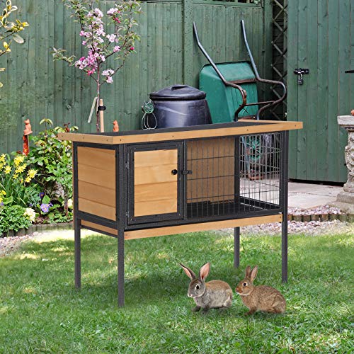 PawHut Rabbit Hutch Elevated Bunny Cage Small Animal Habitat with Metal Frame, No Leak Tray, Mtetal Wire Pan and Openable Water-Resistant Asphalt Roof for Indoor/Outdoor Natural Wood PawHut