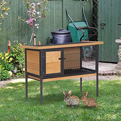 PawHut Rabbit Hutch Elevated Bunny Cage Small Animal Habitat with Metal Frame, No Leak Tray, Mtetal Wire Pan and Openable Water-Resistant Asphalt Roof for Indoor/Outdoor Natural Wood - WoodArtSupply