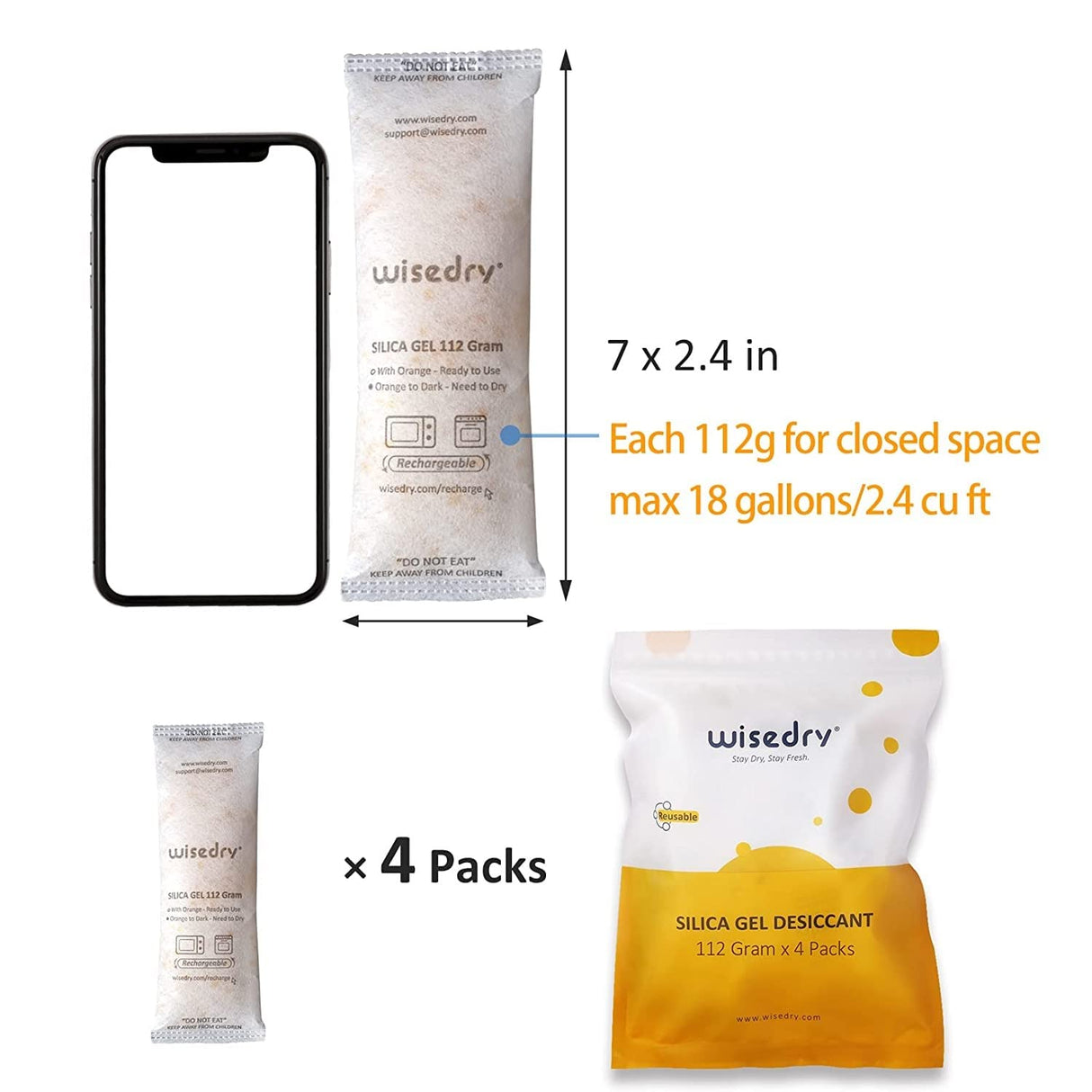 wisedry 112 Gram [4 Packs] Silica Gel Desiccant Packs for Larger Container Desiccant Bags with Orange Indicating Beads for 3D Printer Filament Gun Safe Camera Electronics Equipment Food Grade wisedry
