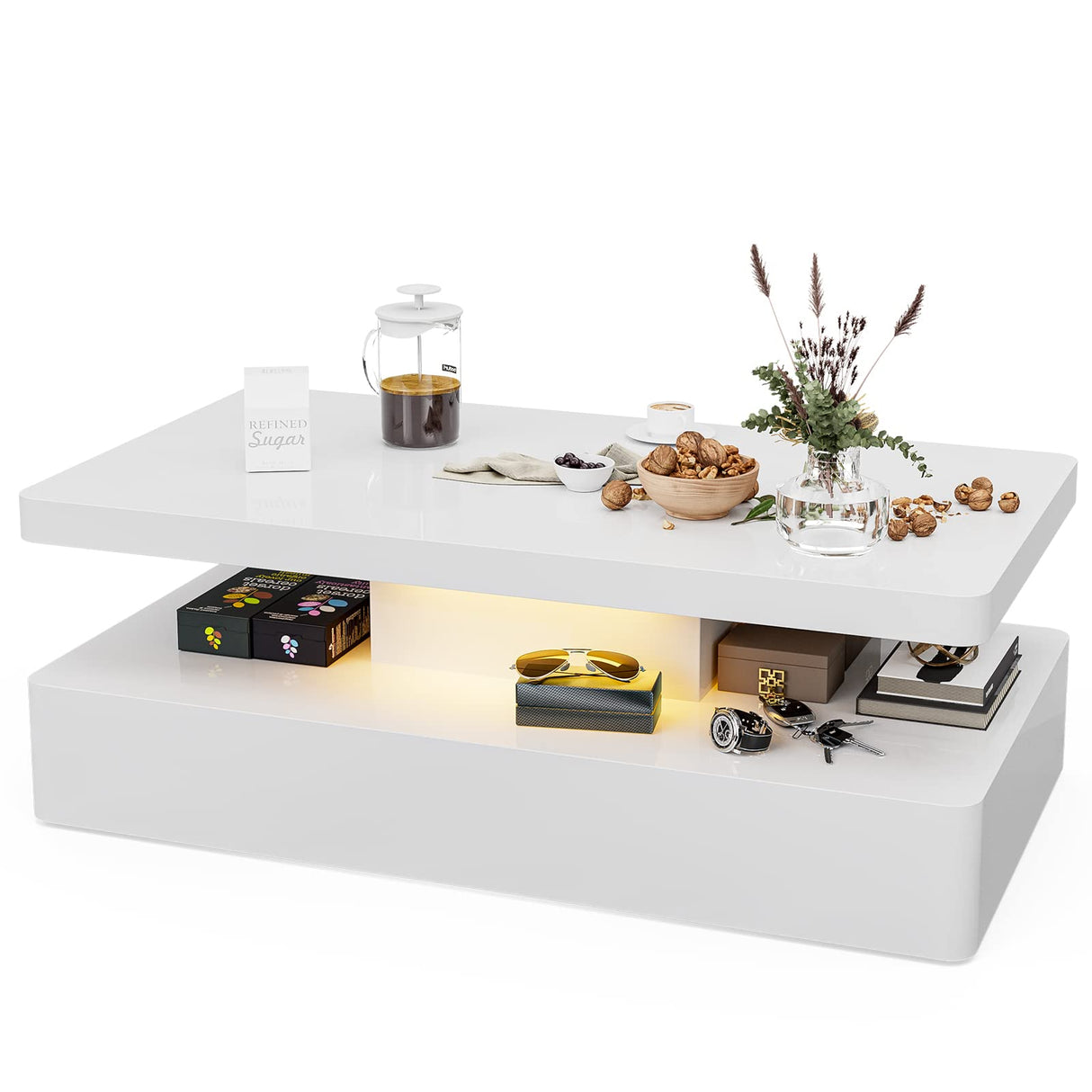 IKIFLY LED High Glossy Coffee Table, Modern Coffee Table for Living Room with 16 Colors LED Lights, 2 Tiers Rectangle Design, White IKIFLY