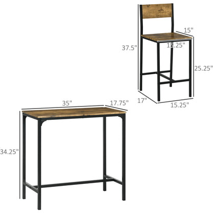 HOMCOM Rustic Brown 3-Piece Industrial Bar Table and Stool Set for Small Spaces