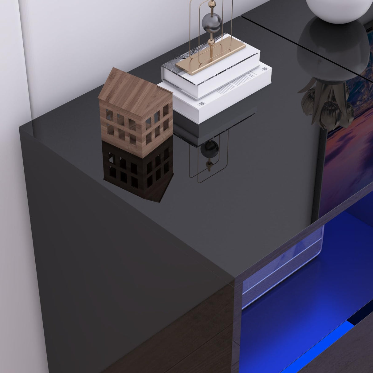 Hlivelood LED TV Stand for 85/75/65 Inch TV, High Glossy Modern TV Console Entertainment Center with Storage and LED Lights for Living Room, Bedroom, Black Hlivelood