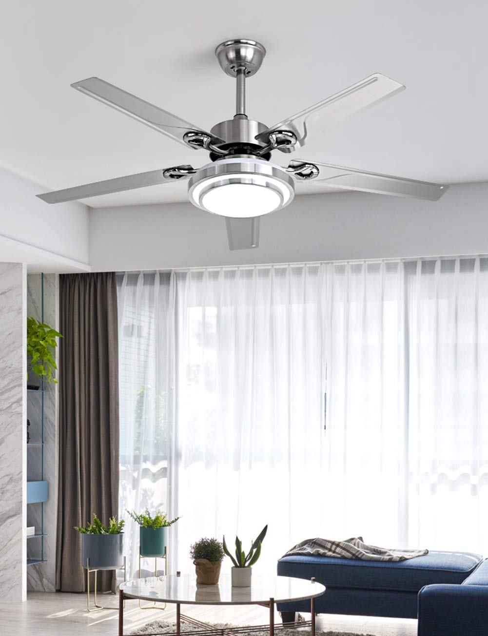 Fandian 48" Modern Ceiling Fans with Lights Remote Control Reversible Fan, Stainless Steel Blades, 3 speeds and 3 Color Changes Lighting Fixture with LED Board for Bedroom Living Room Fandian