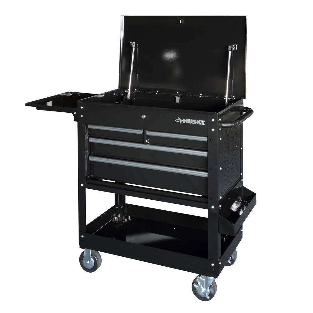 Husky 3304 Mechanics Cart with Extended Side Table and Bottle Tray - WoodArtSupply