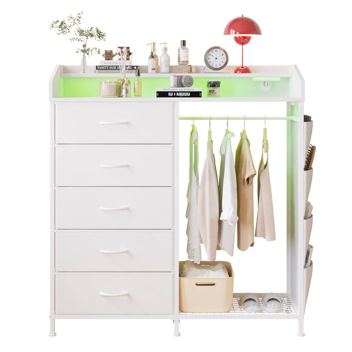 LUMTOK Modern 5 Dresser with LED Hanging Rack, Dresser with Clothes Rack, Hanger Rack, and Storage Drawers, Drawer Dressers with Coat Racks for Bedroom Living Room, Entryway, Closets (White) LUMTOK