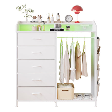 LUMTOK Modern 5 Dresser with LED Hanging Rack, Dresser with Clothes Rack, Hanger Rack, and Storage Drawers, Drawer Dressers with Coat Racks for Bedroom Living Room, Entryway, Closets (White) LUMTOK