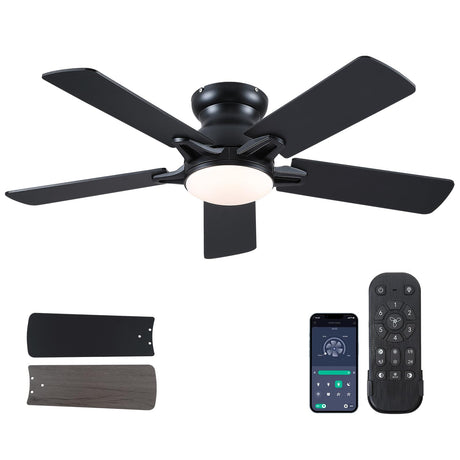 CHESUR 48In Ceiling Fans with Lights Flush Mount - Black Low Profile Ceiling Fan with 5 Dual-Sided Blades, Reversible and 6 Speeds, Indoor/Outdoor Ceiling Fan for Modern Living Room, Bedroom, Patios CHESUR