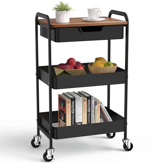 Aratan 3 Tier Rolling Cart with Drawer, Metal Utility Cart on Wheels Storage Cart with Wood Top, Kitchen Cart Art Cart Organizer for Bathroom Office Balcony Living Room - WoodArtSupply