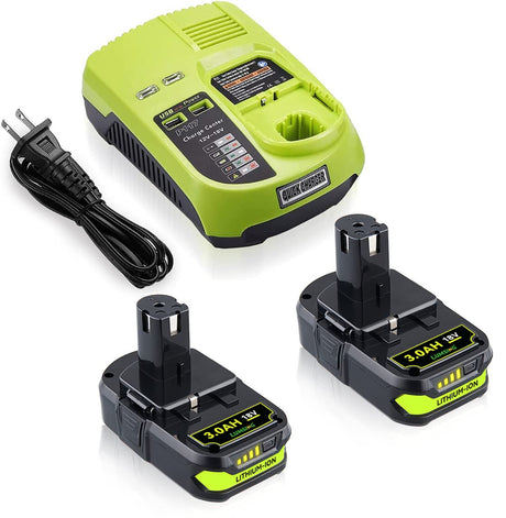 2Pack 3.0Ah P102 18V Lithium Replacement for Ryobi Battery+ P117 Charger with Dual USB Compatible with Ryobi 18v Battery P108 P107 P104 P105 P102 P103 Charger with P117 P118 P119 P113 BCL1418 LUMSING