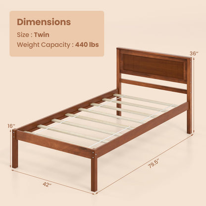 Giantex Wood Twin Platform Bed with Headboard, Mid Century Solid Wood Bed Frame with Wood Slat Support, Wooden Mattress Foundation with 12" Under Bed Storage for Bedroom, Easy Assembly, Walnu - WoodArtSupply