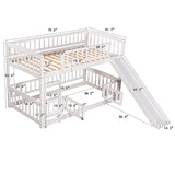 Low Bunk Bed with Slide Twin Over Twin Bunk Beds for Kids Toddlers, Wood Floor Beds Frame with Rails for Boys Girls Teens, White Bellemave