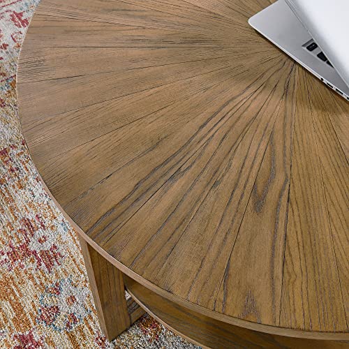 LEEMTORIG Round Wooden Coffee Table Living Room, 2-Tier Circle Round Coffee Table with Storage, Farmhouse Solid Wood Coffee Table, Yellowish Brown, KFZ-3338 LEEMTORIG