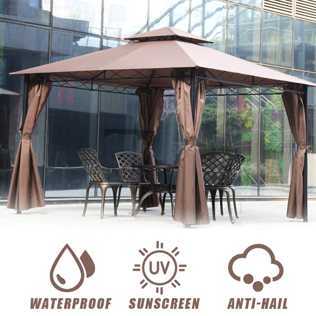 FDW Canopy Tent Gazebo 10' X 13' Grill Gazebo for Patios BBQ Outdoor Patio Large Garden Top Gazebo with Sidewall Party Tent Brown FDW