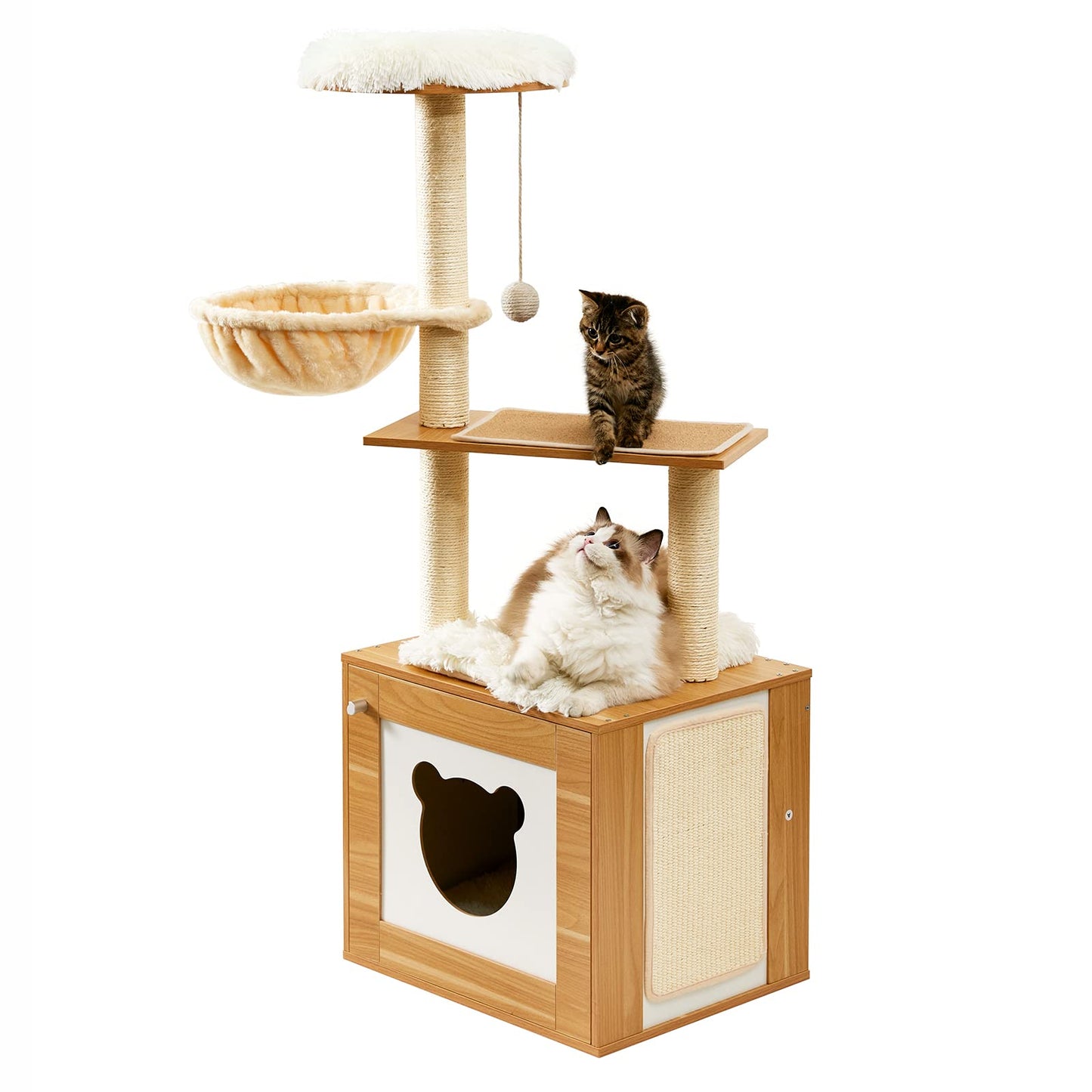 Made4Pets Cat Tree with Litter Box Enclosure, 2-in-1 Modern Cat Tower for Indoor Cats, 48.6" Wood Kitten Condo with Scratching Post and Hammock, Removable Scratch Pad for Large Cats - WoodArtSupply