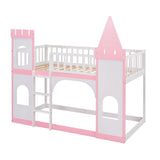 Harper & Bright Designs Twin Over Twin Kids Bunk Bed, Twin Loft Bed with Castle Shape Design, Wooden Floor Bunk Beds for Girls Boys Bedroom Dorm, Pink Harper & Bright Designs