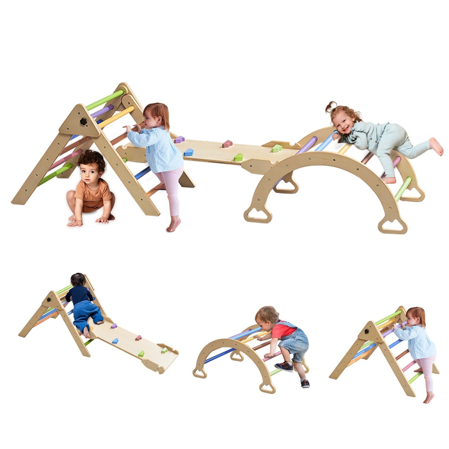 5 in 1 Montessori Climbing Set, Wooden Pikler Triangle Set Climbing Toys with Pikler Triangle, Ramp, Arch, Ladder, Pickler-3 Piece Climbing Gym, Indoor Climbing Toys for Toddlers 1-3 Inside - Colorful