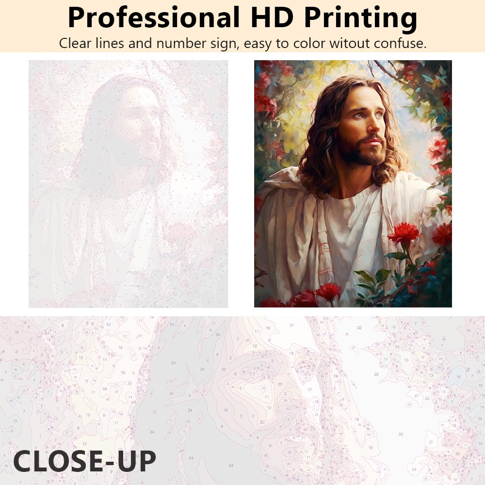 Rebotipy DIY Paint by Number for Adult, Jesus Christ Holy Cross Paint by Numbers, Flowers Adult Paint by Numbers Kits on Canvas, 16X20 Inch Jesus Paint by Numbers for Adults Beginners Flameless Rebotipy