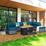 WAROOM Patio Furniture Set 9 Piece Gray Rattan Outdoor Sectional Sofa PE Wicker Couch Conversation sets with 45" Propane Fire Pit Table and Non-Slip 5" Thick Peacock Blue Cushion WAROOM