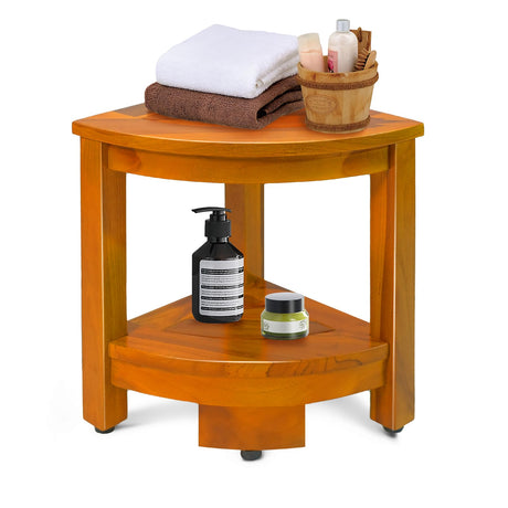 16.5" Teak Corner Shower Bench with Storage Shelf for Shaving Legs, Teak Shower Stool for Inside Shower, Waterproof Shower Foot Rest, Shower Seat for Bathroom, Indoor & Outdoor Use GRBEEVIITEK