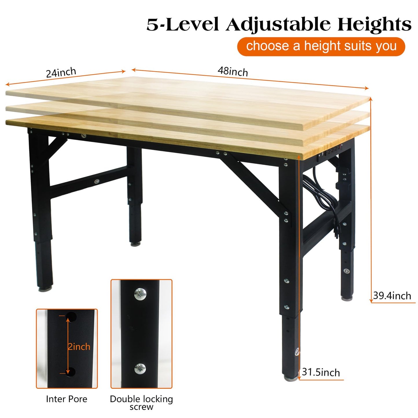 48" Adjustable Work Bench, 1-3/16-Inch Thick Solid Hardwood Heavy-Duty Workbench With Power Outlet & Wheels, 2000 Lbs Load Capacity Hardwood Worktable, for Garage, Workshop, Office, Rubberwood T 48*24