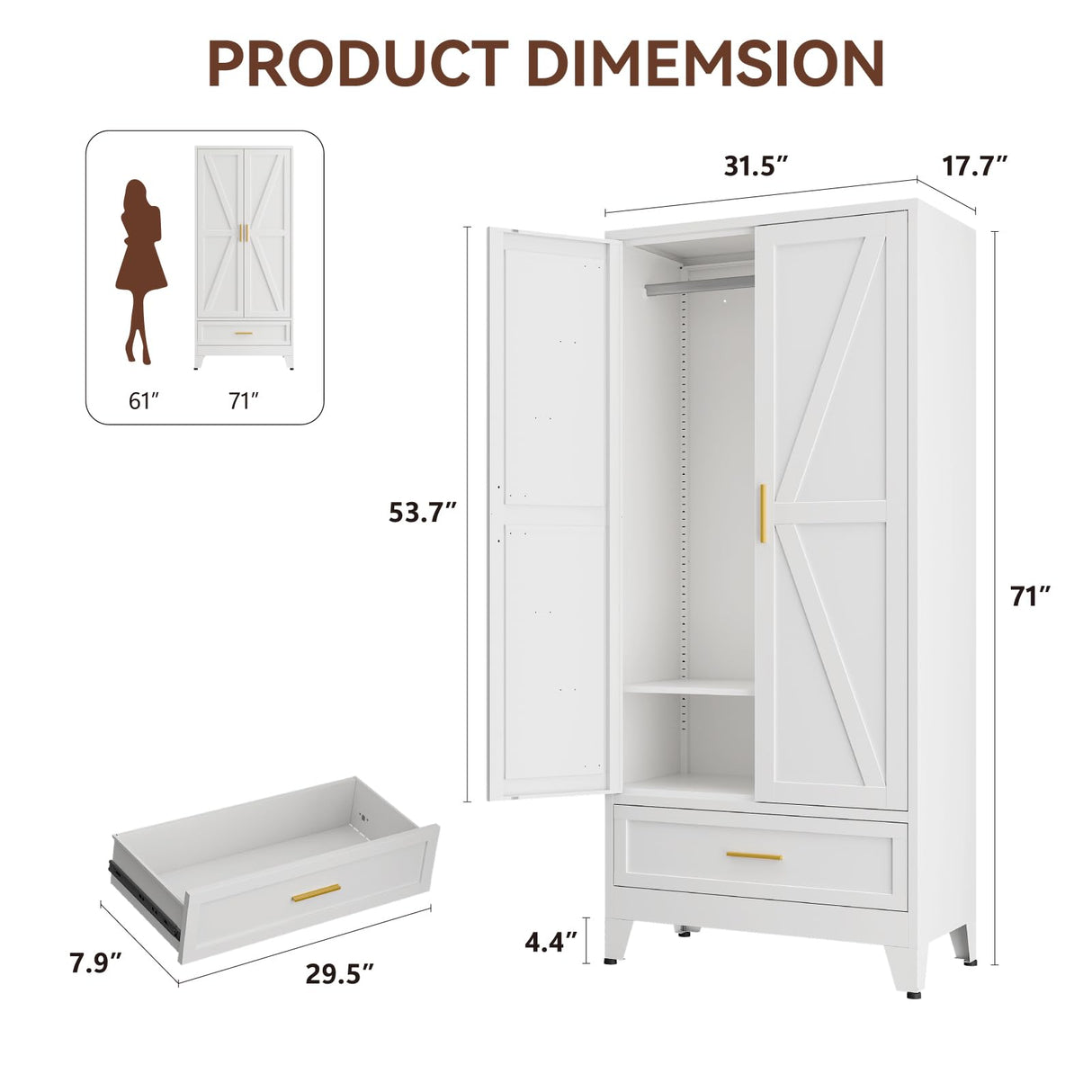 XIOMIOHTRQ Metal Wardrobe Cabinet, 71" Tall Armoire Wardrobe Closet with Drawer, Farmhouse Clothing Storage Cabinet for Bedroom, Laundry (White, 1 Drawer) XIOMIOHTRQ