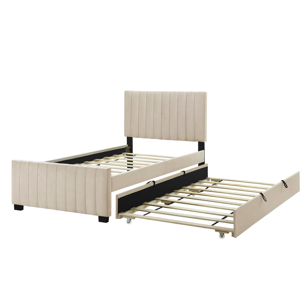 Merax Twin Size Velvet Upholstered Platform Bed, Wood Bed Frame with Twin Size Trundle, Beige Merax