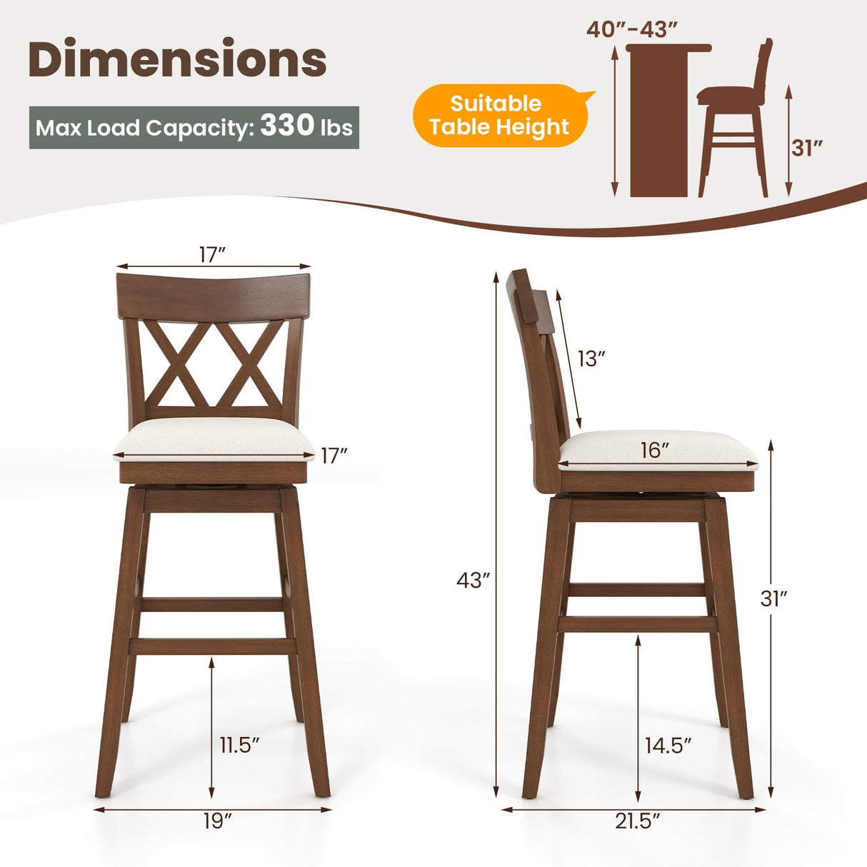 Giantex 31" Bar Stool, Swivel Bar Height Bar Chair with Contoured Backrest, Padded Seat & Rubber Wood Legs, Farmhouse Wooden Barstool for Kitchen Island, Restaurant & Pub Giantex