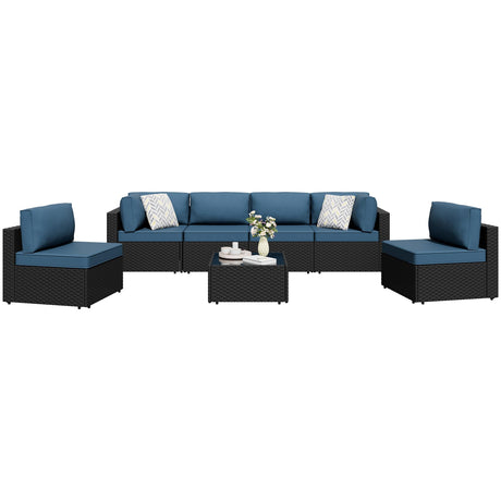 Shintenchi 7 Pieces Outdoor Patio Sectional Sofa Couch, Wicker Furniture Patio Conversation Sets with Washable Cushions & Coffee Table for Garden, Poolside, Backyard (Aegean Blue) Shintenchi