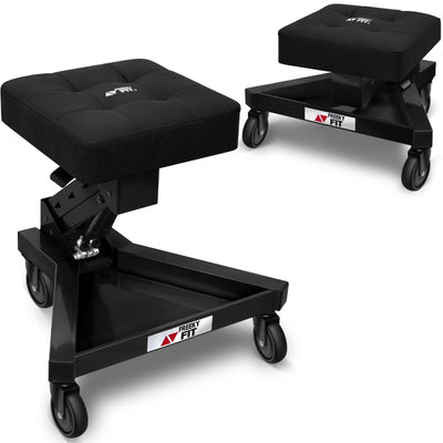 FreekyFit Mechanic Stool with Wheels, Hydraulic Adjustable Shop Stool on Wheels, Garage Work Rolling Stool Chair for Workshop, 400 LBS Capacity, 4 Inch Casters, 360° Swivel Padded Seat, Black