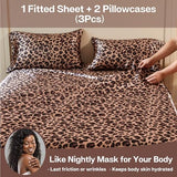 MR&HM Satin Fitted Sheet & Pillowcase Set Queen Size, 3-Piece Silky Soft Bedding with 15" Deep Pocket, Reinforced Elastic Corner Straps to Prevent Slipping Off Mattress, Brown Leopard MR&HM