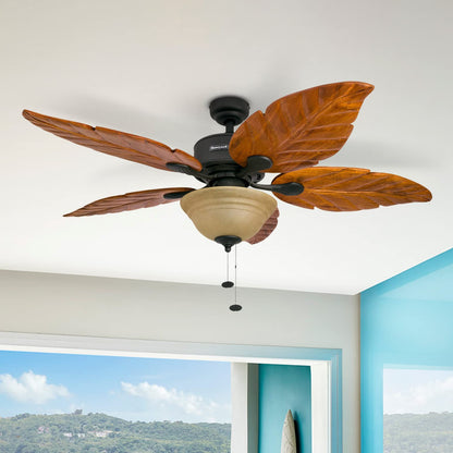 Honeywell Ceiling Fans Royal Palm, 52 Inch Tropical LED Ceiling Fan with Light, Pull Chain, Three Mounting Options, Hand Carved Solid Wood Blades - 50204-01 (Bronze) - WoodArtSupply