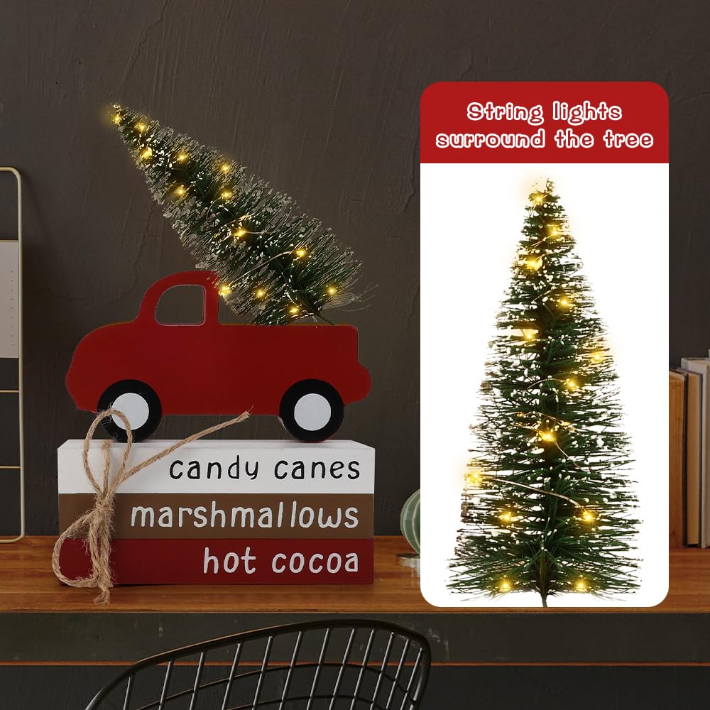 Christmas Decorations Indoor, Christmas Decor - Wooden Book Stack & Red Truck with LED Lighted Tree Christmas Signs for Table, Tiered Tray, Shelf and Mantel - Holiday Decor for Home/Office