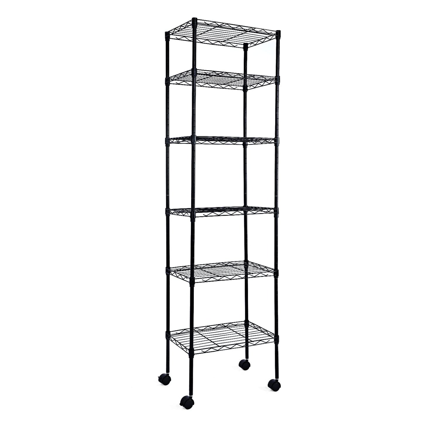 Simple Deluxe Heavy Duty 6-Shelf Shelving with Wheels, Wire Shelving with Hanging Hooks, Adjustable Storage Units, 17.32" D x 11.42" W x 64.96" H, 6 Tier, Black