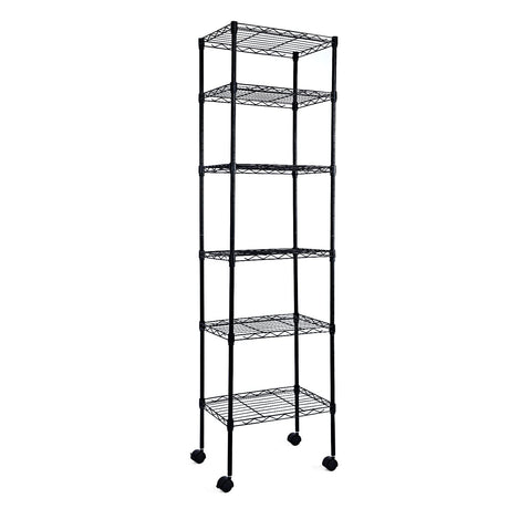 YSSOA Heavy Duty 6-Tier Storage Shelves, 17'' D x 11'' W x 63'' H Adjustable Shelving Unit with Wheels and Hanging Hooks, Black YSSOA
