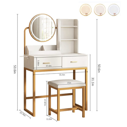 Makeup Vanity Desk with Round Mirror and Lights, White Vanity Makeup Table, Small Vanity Table for Bedroom with Lots Storage, 3 Lighting Modes,