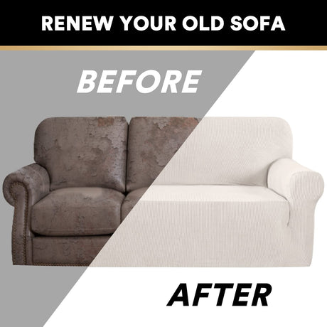 PrinceDeco Stretch Loveseat Sofa Cover Slipcover Couch Cover for 2 Cushion Sofa Washable Sofa Cover for Pets Friendly Furniture Protector Covers with Non Slip Bottom(Loveseat, Ivory) PrinceDeco